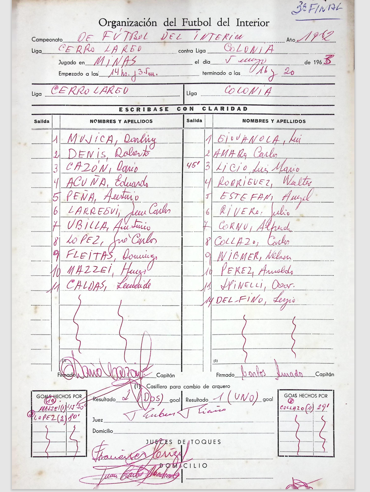 Formulario de la final jugada en Minas donde Cerro Largo venció a Colonia 2 a 1. 