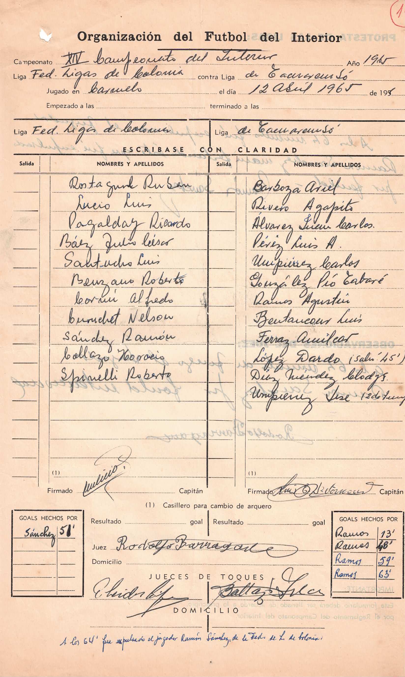 Formulario de la gran victoria de Tacuarembó por 4 a 1 de Colonia jugando en Carmelo; ese día Agustín Ramos anotó los cuatro goles del campeón.