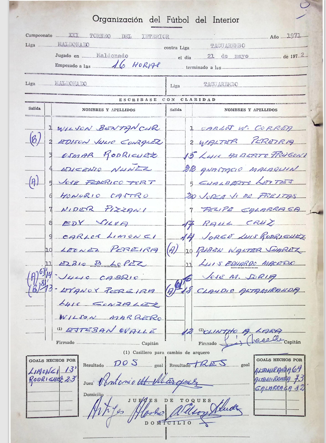 Formulario del último compromiso frente a Maldonado, perdía 2 a 0 y lo ganó 3 a 2 para festejar en tierras fernandinas.