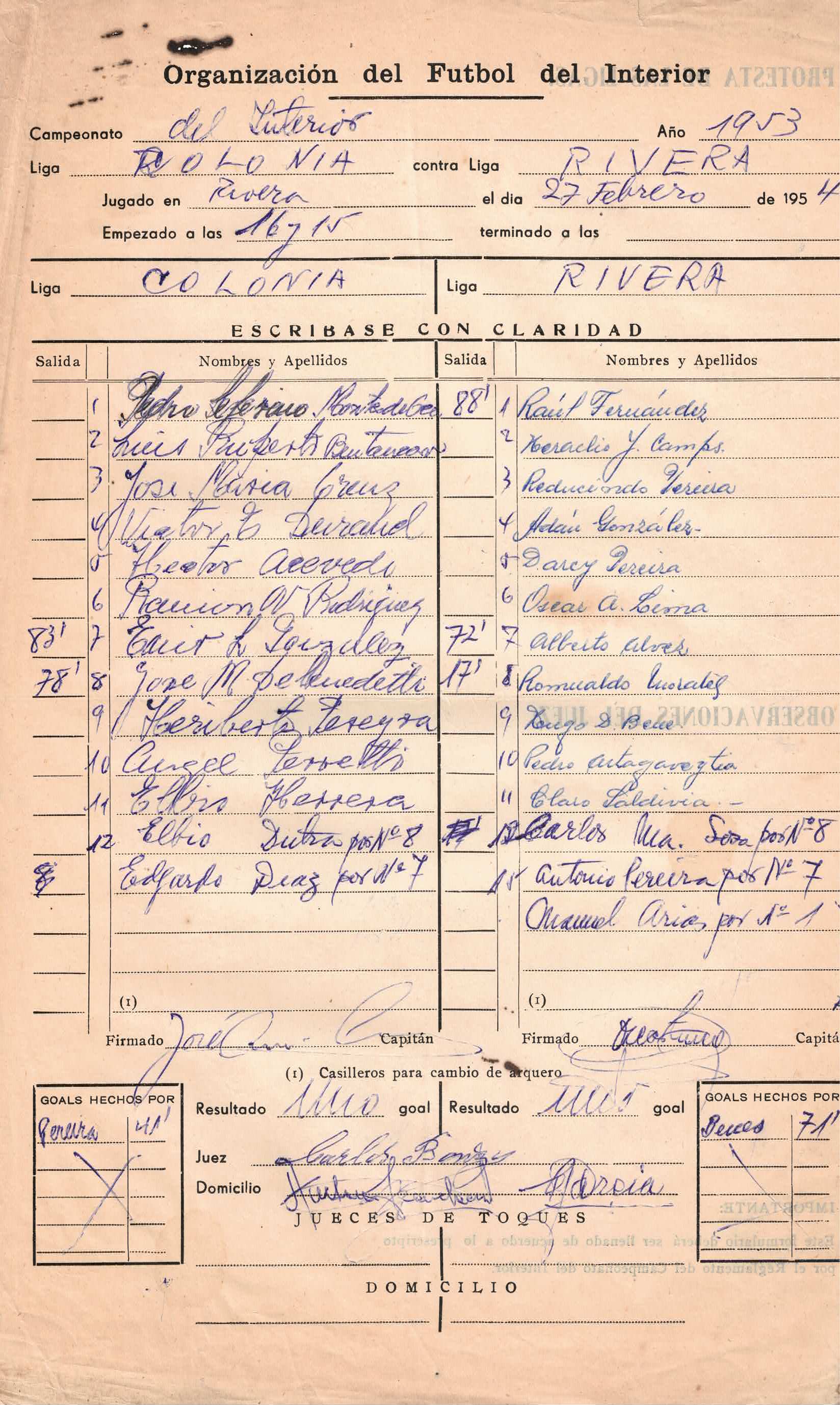 Formulario del último partido frente a Rivera; fue empate 1 a 1.