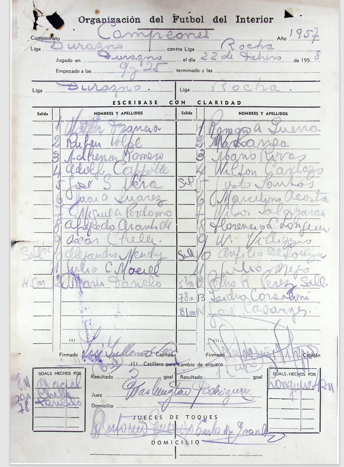 Formulario del último encuentro disputado por el campeón frente a Rocha. Ganó la Roja del Yí 3 a 1. 